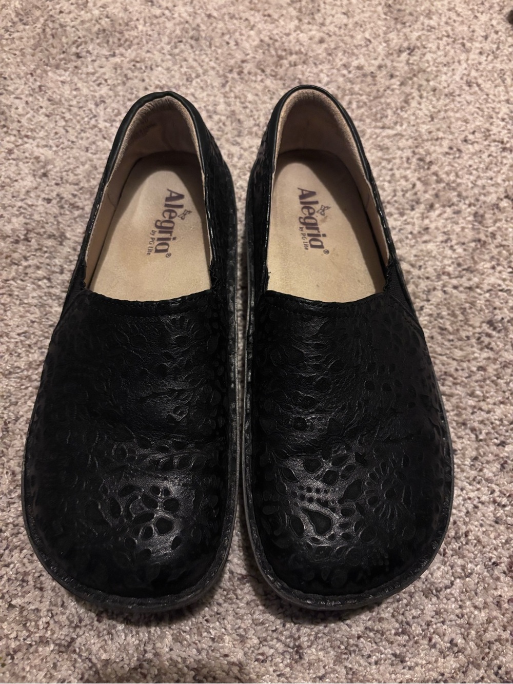 Alegria Black Slip-On Floral Textured Moccasins